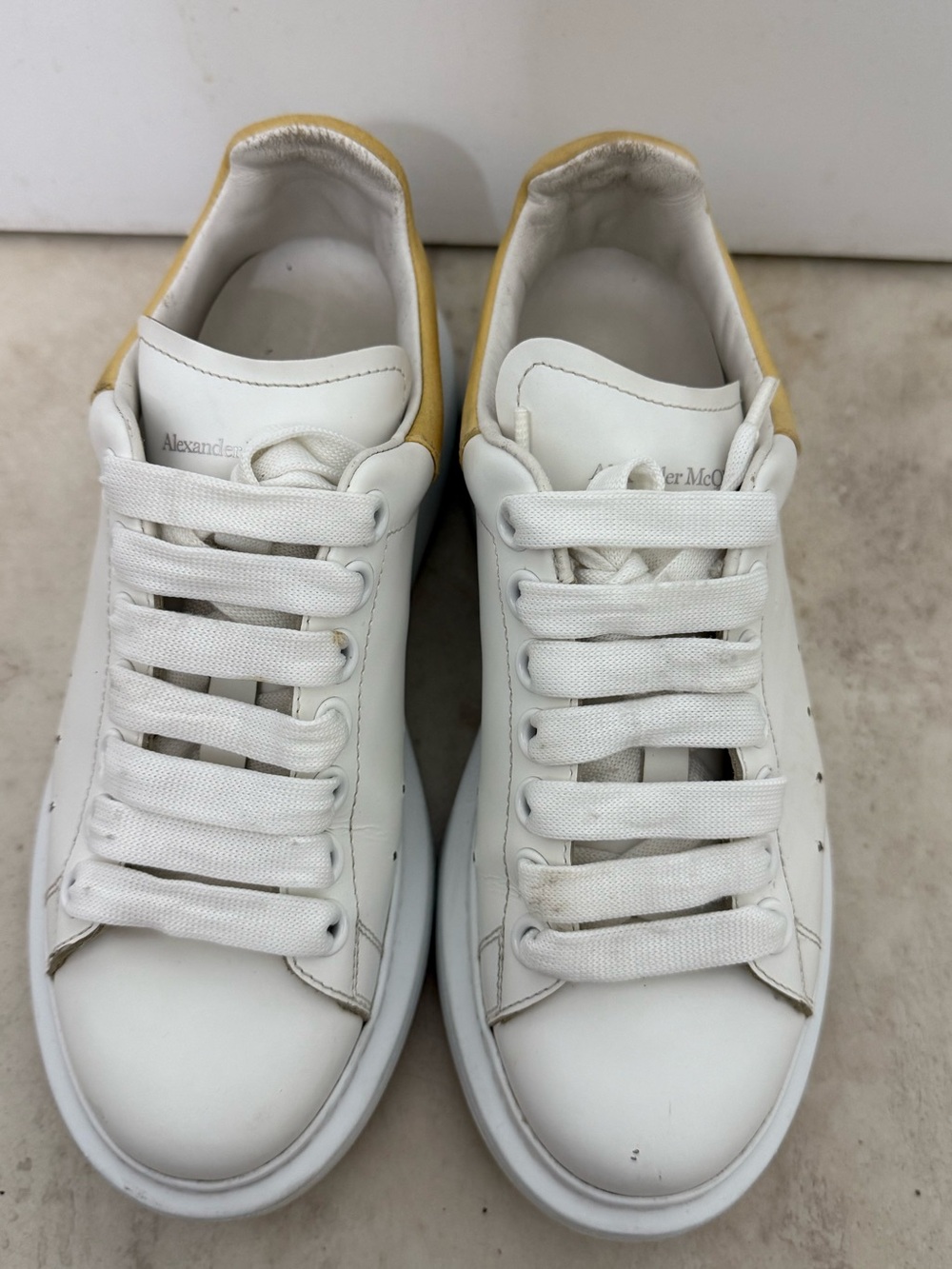 Alexander McQueen White Sneakers with Yellow Suede Heel Tab